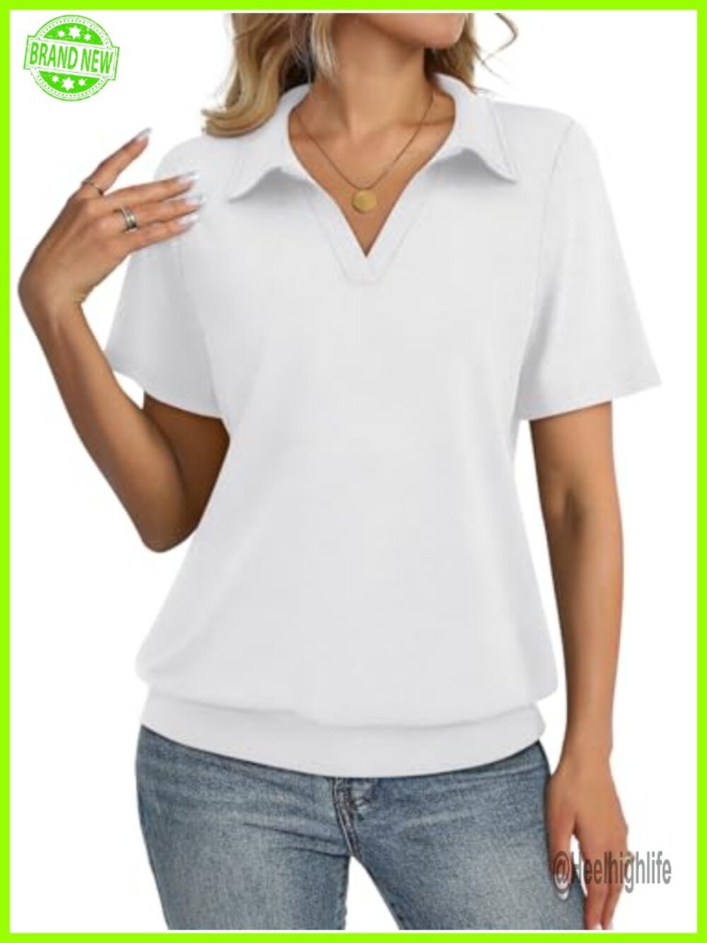 Women's Short Sleeve V-Neck Polo Shirt Banded Bottom Business Casual Top